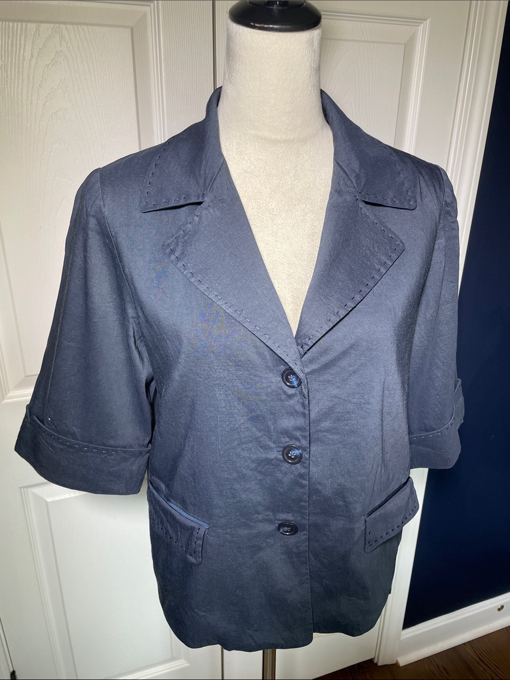 Elie Tahari Navy Blue Collared Short-Sleeve Blazer Linen Blend Size Small
